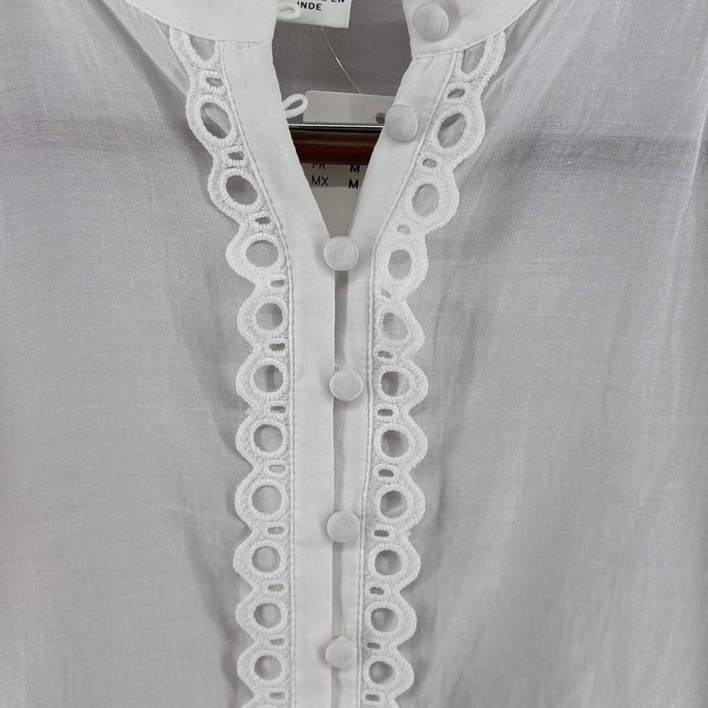 NWT--H&M White Sheer Eyelet Lace Trim Button Up Long Sleeve Size M - Picture 5 of 10